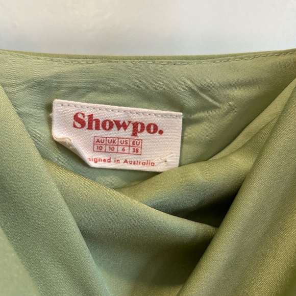 Showpo. JEWELLE MIDI DRESS - HIGH SPLIT COWL NECK SATIN DRESS IN GREEN size 6 - Picture 6 of 8